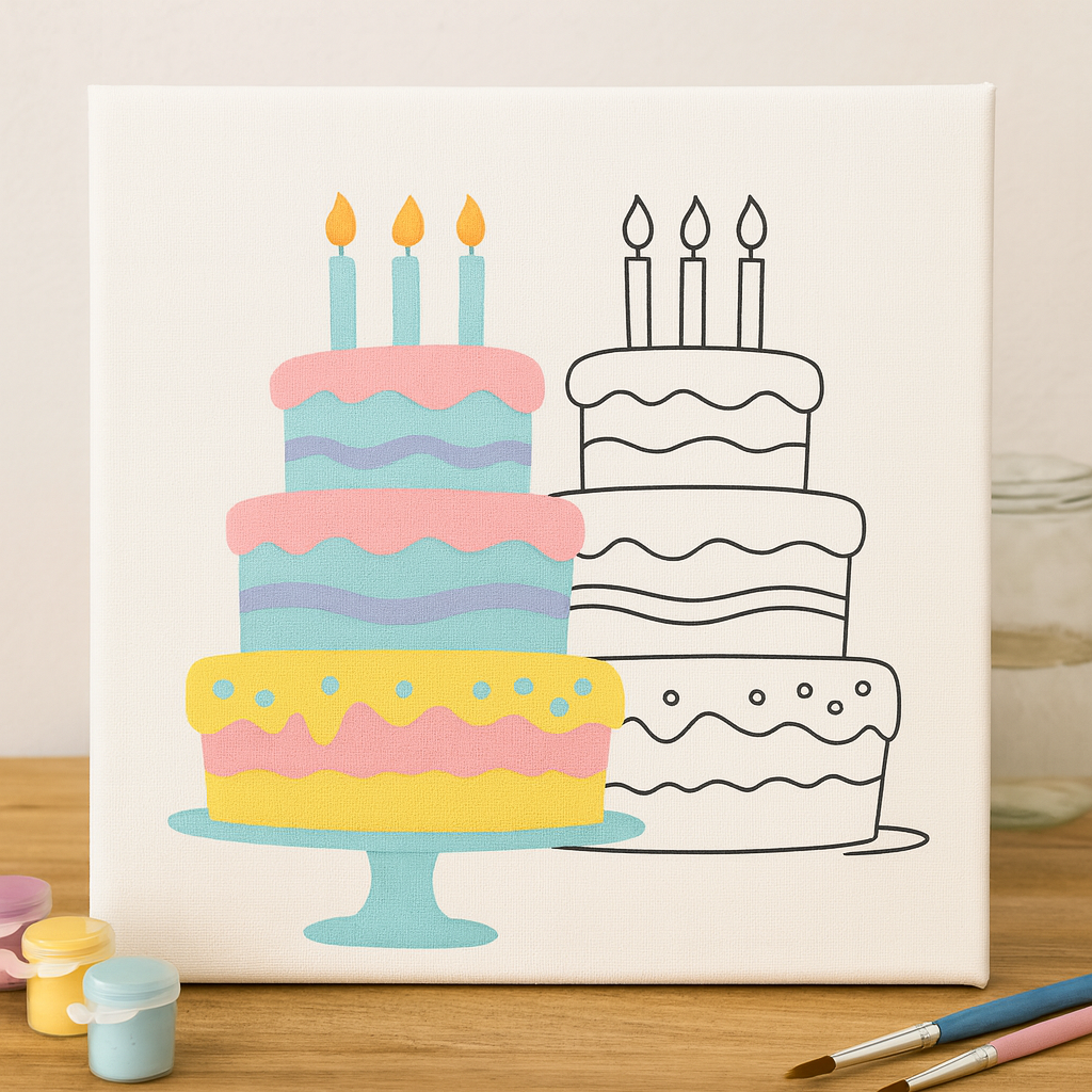 3-Tier Birthday Cake Pre-Drawn Canvas